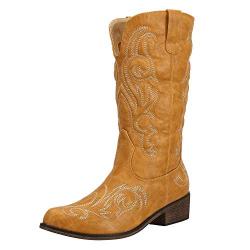 SheSole Women's Winter Western Cowgirl Cowboy Boots Wide Calf Pointed Toe Tan US 7